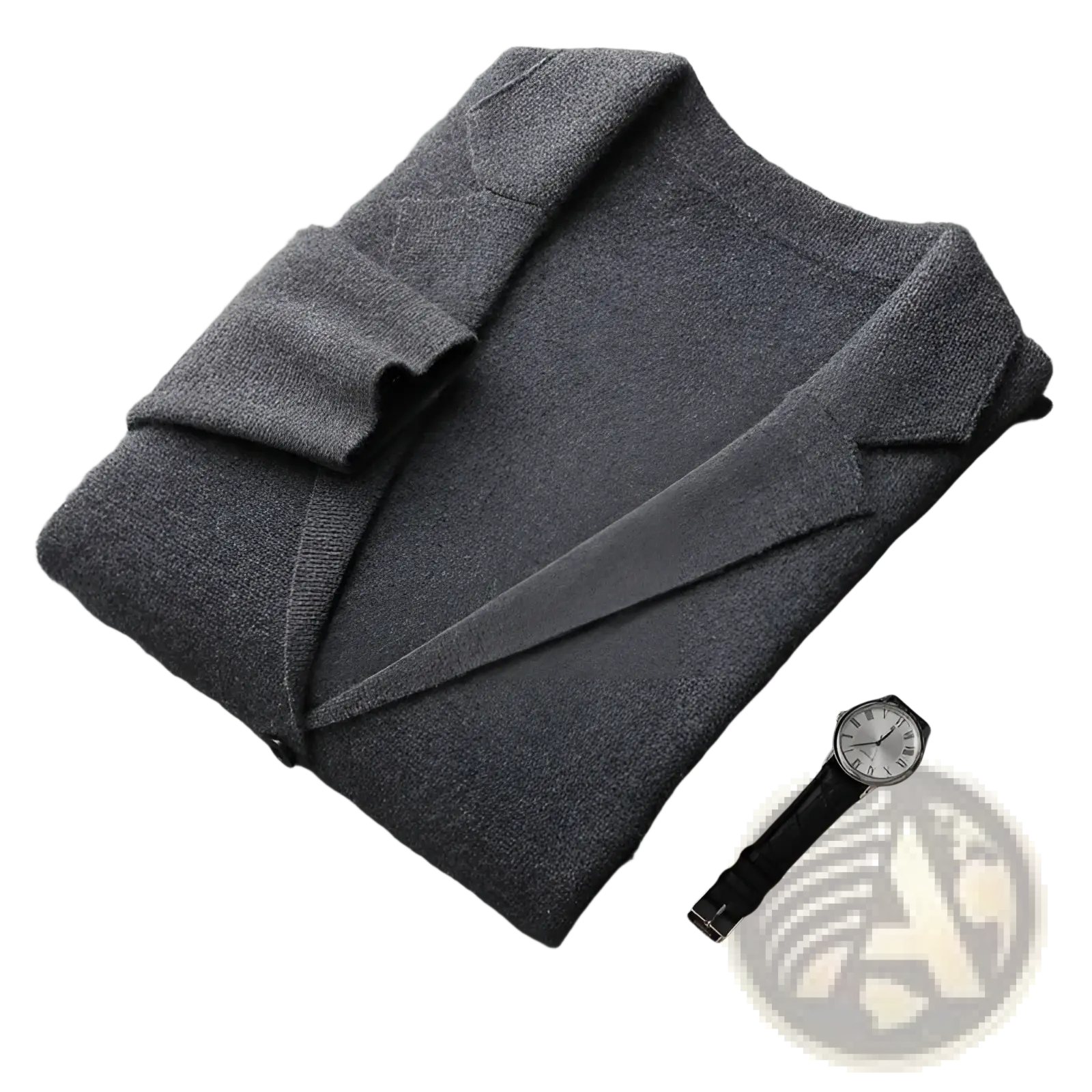 Dark gray woolen blazer with classic collar and structured shoulders paired with olive green v-neck knitted cardigan blazer