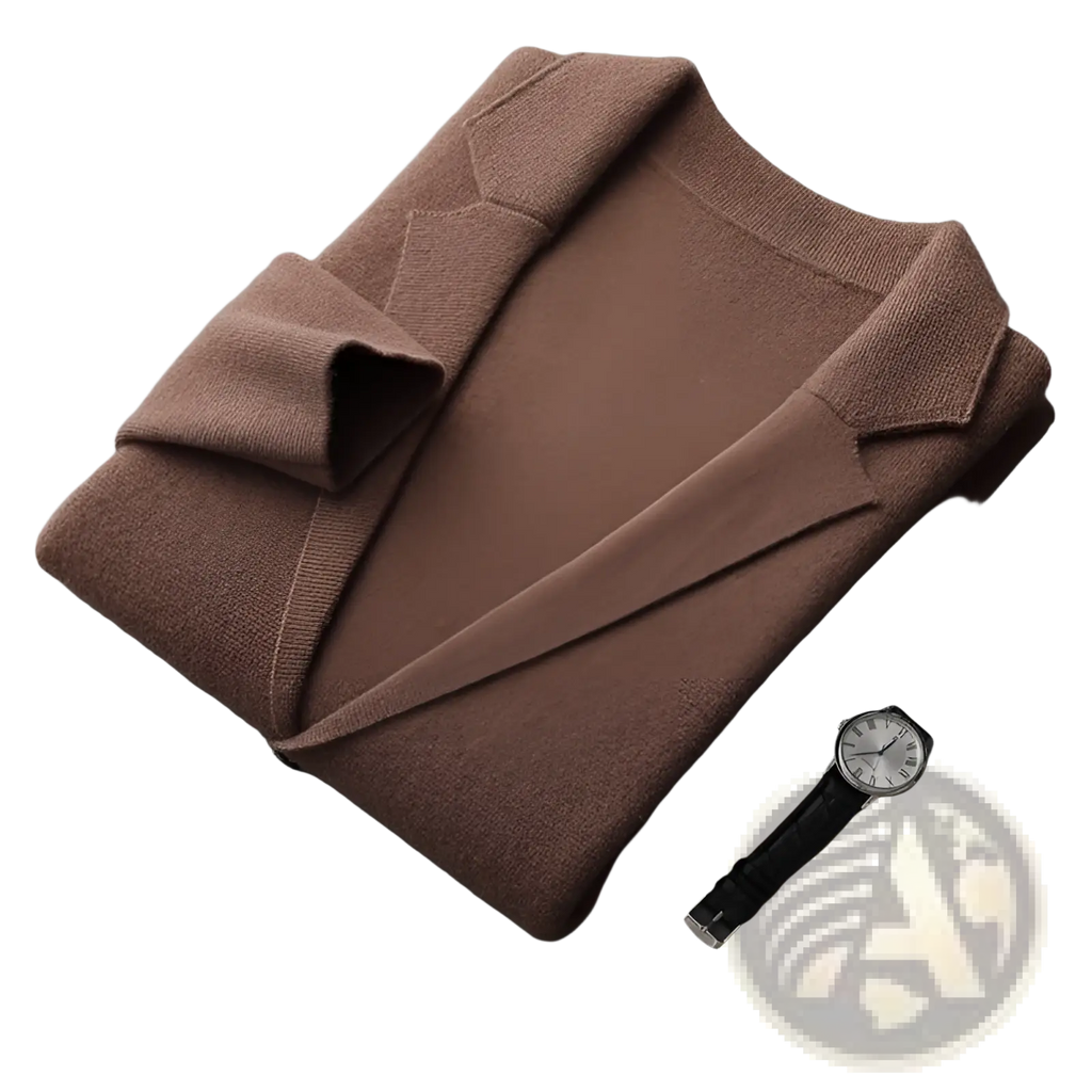 A neatly folded brown knitted sweater with classic collar and ribbed cuffs displayed on a minimalist surface