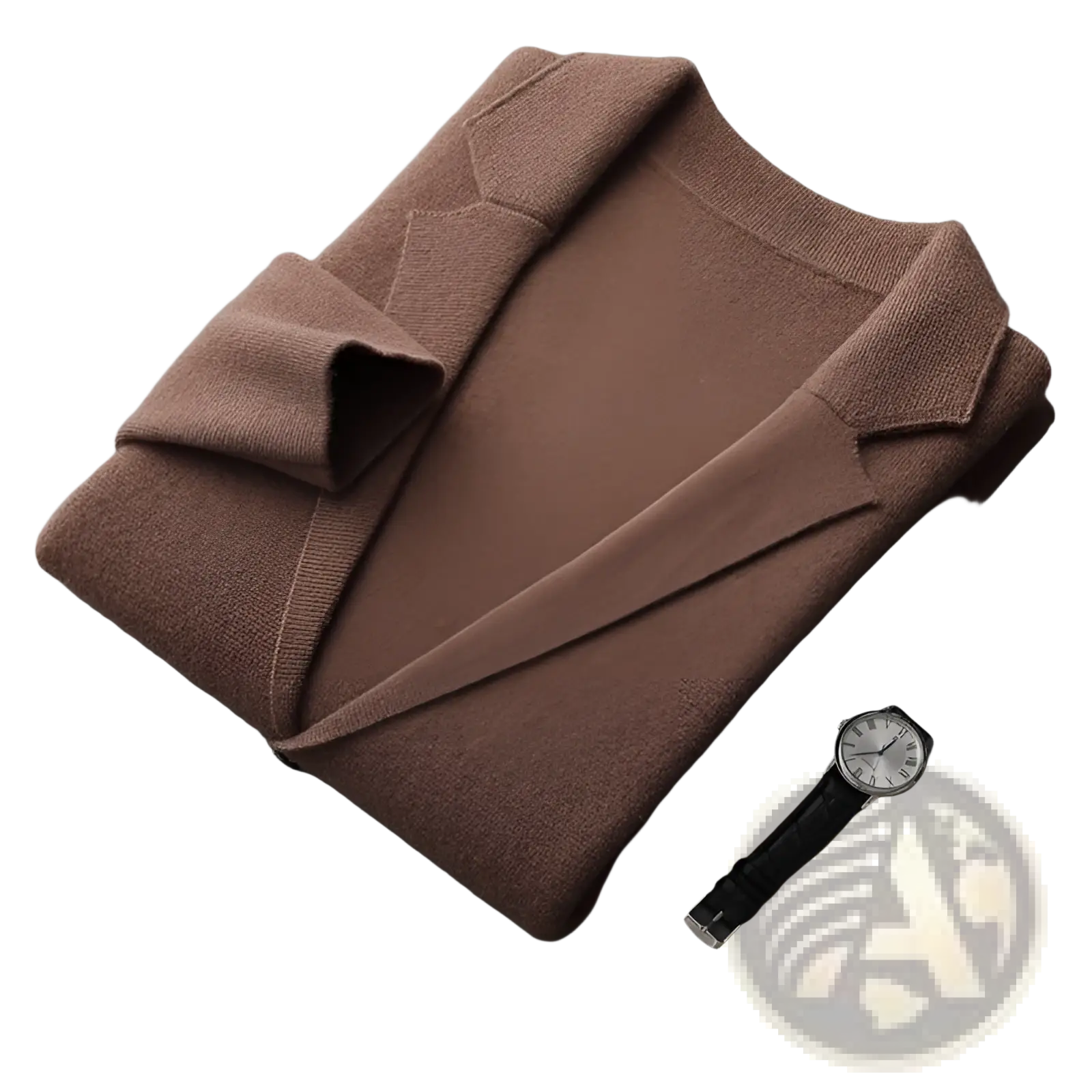 A neatly folded brown knitted sweater with classic collar and ribbed cuffs displayed on a minimalist surface