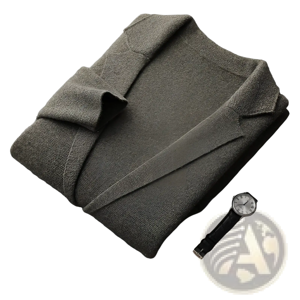 A neatly folded olive green woolen knitted blazer with classic notched lapels and v-neck design for men