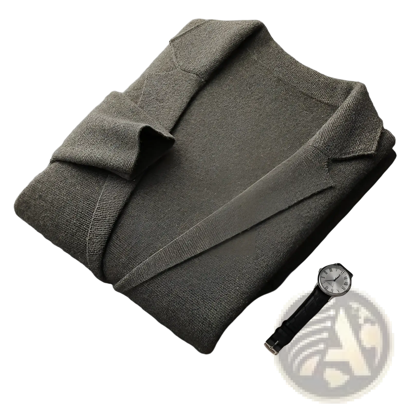 A neatly folded olive green woolen knitted blazer with classic notched lapels and v-neck design for men