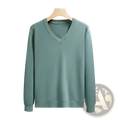 Men v-neck long sleeve knit sweater in soft mint green with fine knit texture and ribbed cuffs