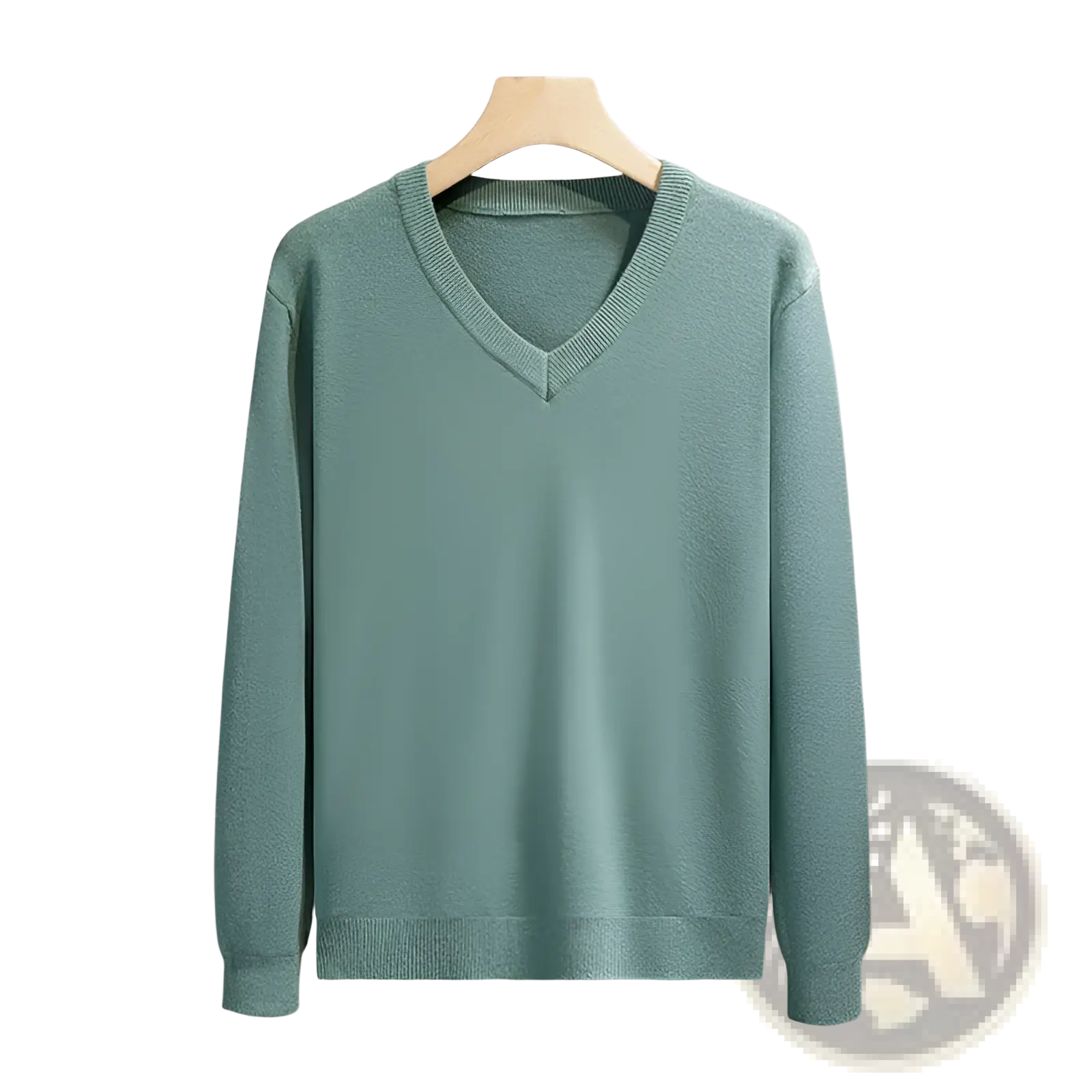 Men v-neck long sleeve knit sweater in soft mint green with fine knit texture and ribbed cuffs