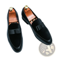 Men velvet dress loafers in black suede with contrasting leather toe cap and decorative bow for formal wear