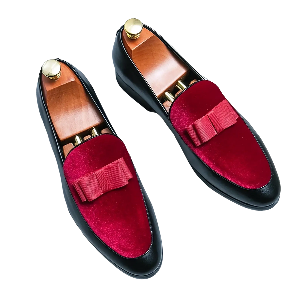 Men velvet dress loafers in black leather with vibrant red velvet accents and matching bow details for formal wear