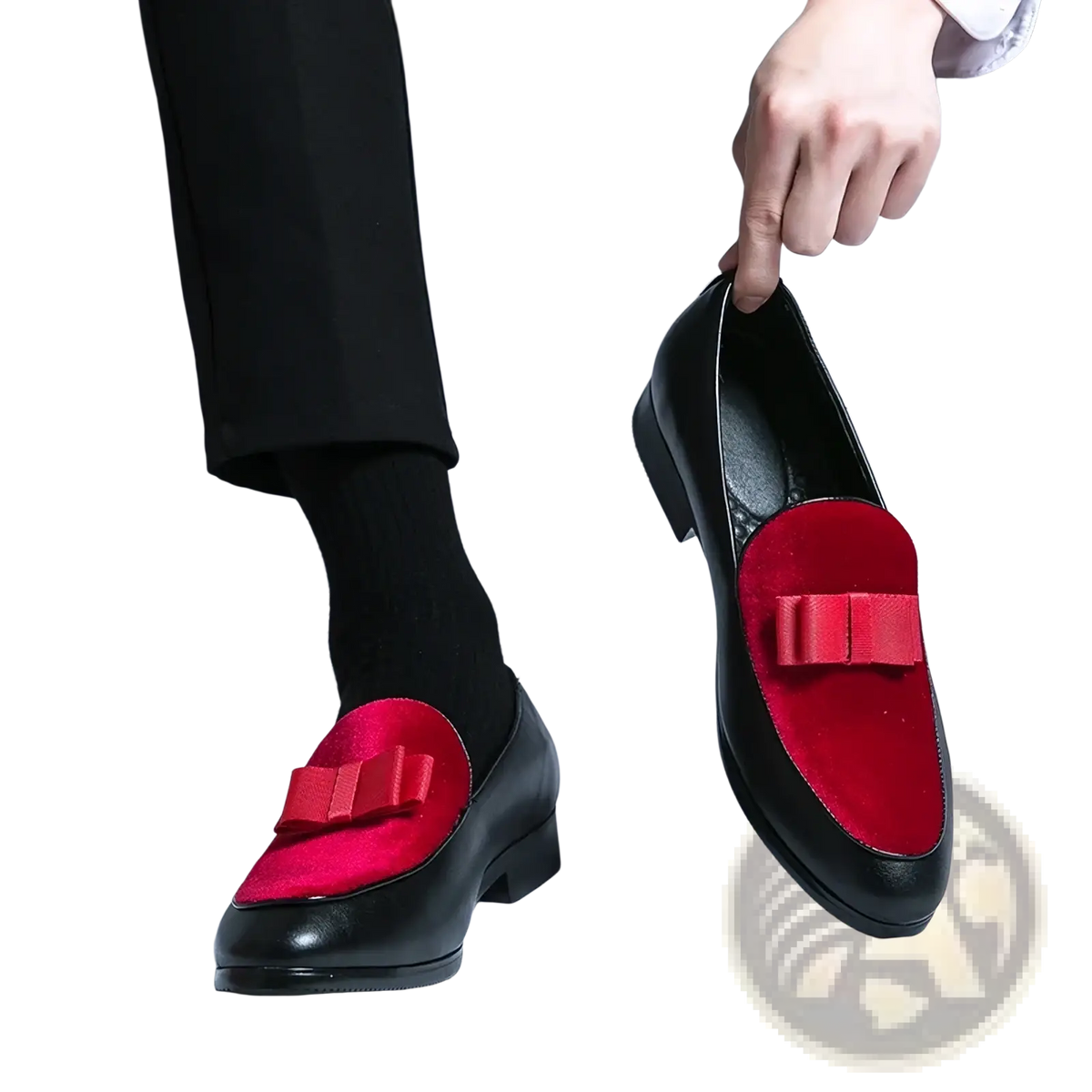 Men velvet dress loafers made of black leather with vibrant red suede accents and matching bow details for formal wear