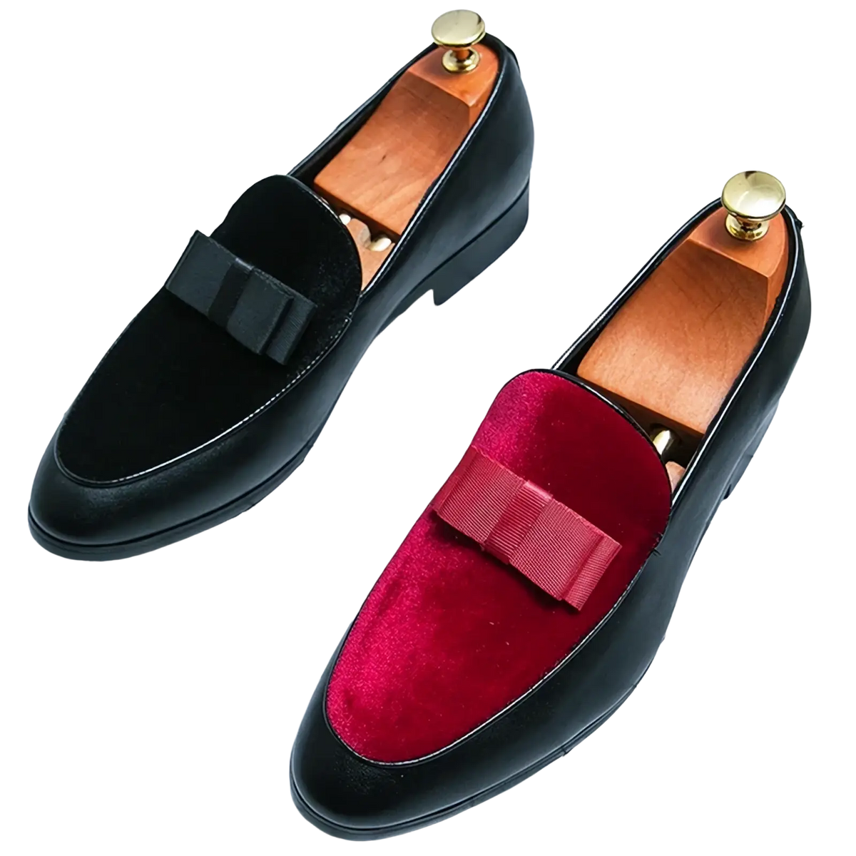 Men velvet dress loafers in black and red with contrasting bow details for formal occasions
