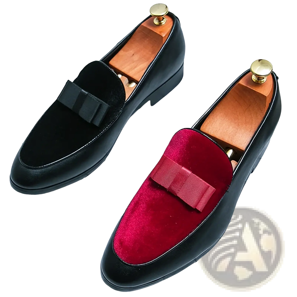 Men velvet dress loafers in black and red with contrasting bow details for formal occasions