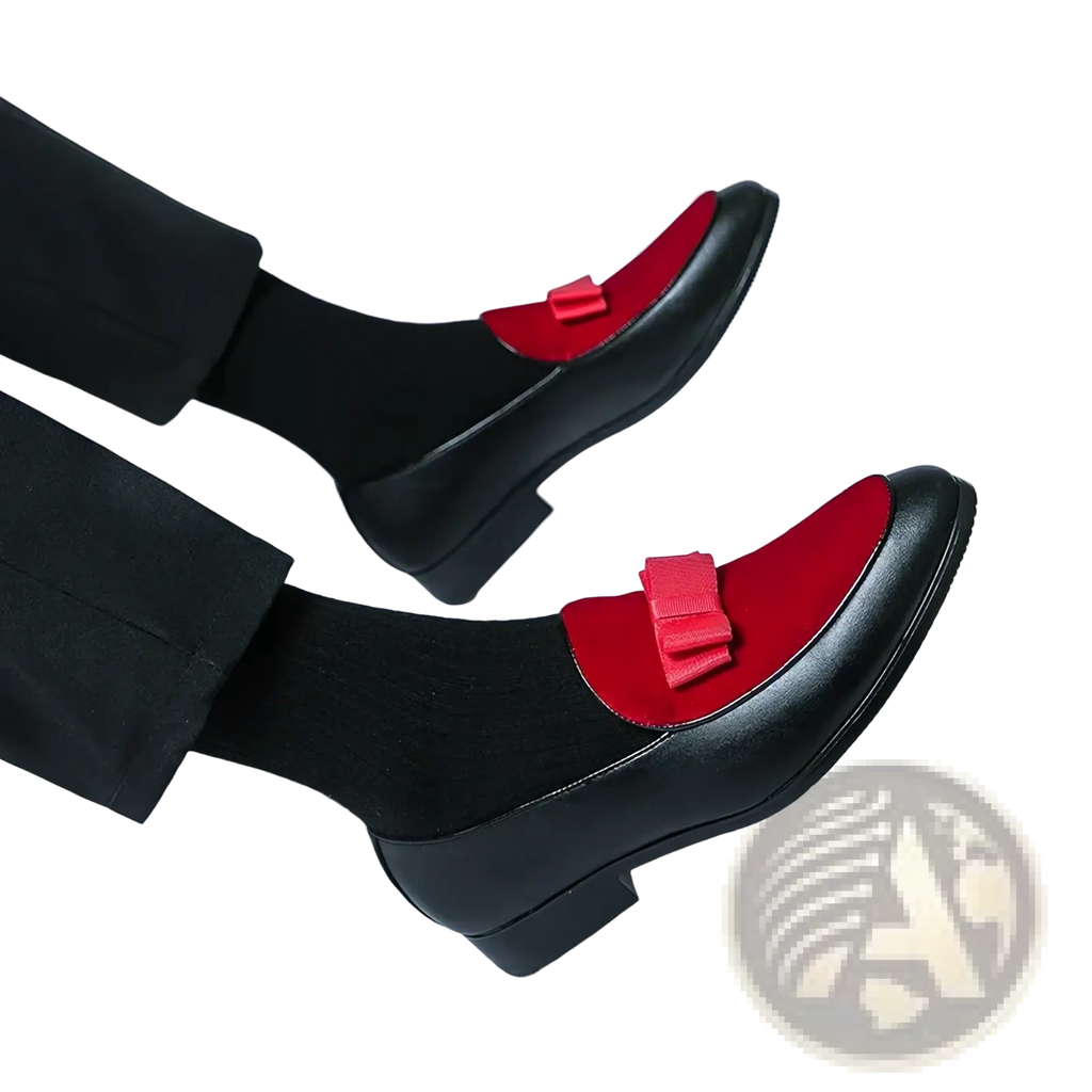 Men velvet dress loafers in black and red featuring a prominent red bow on the toe for formal occasions