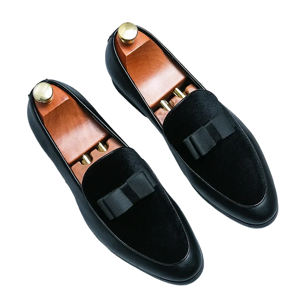 Men velvet dress loafers featuring black velvet slip-on design with polished finish and decorative black ribbon bow