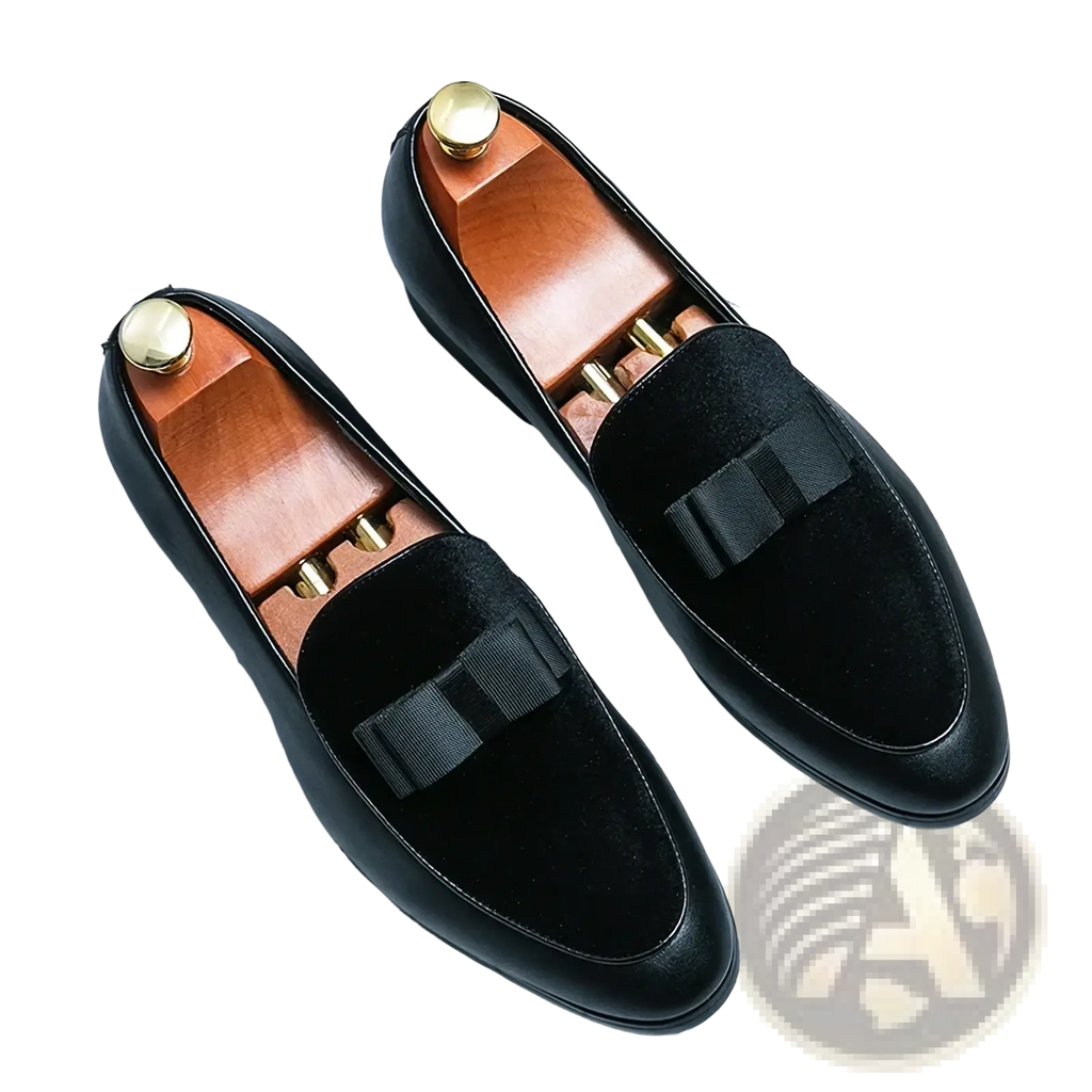 Men velvet dress loafers featuring black velvet slip-on design with polished finish and decorative black ribbon bow