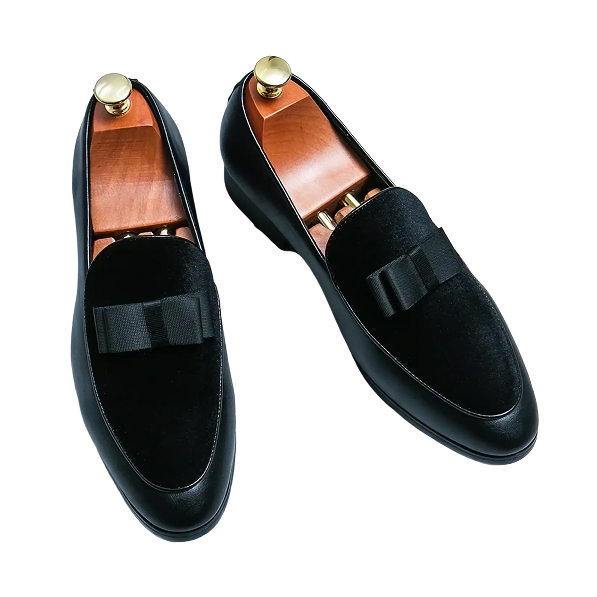 Men velvet dress loafers in black suede with contrasting leather toe cap and decorative bow for formal wear