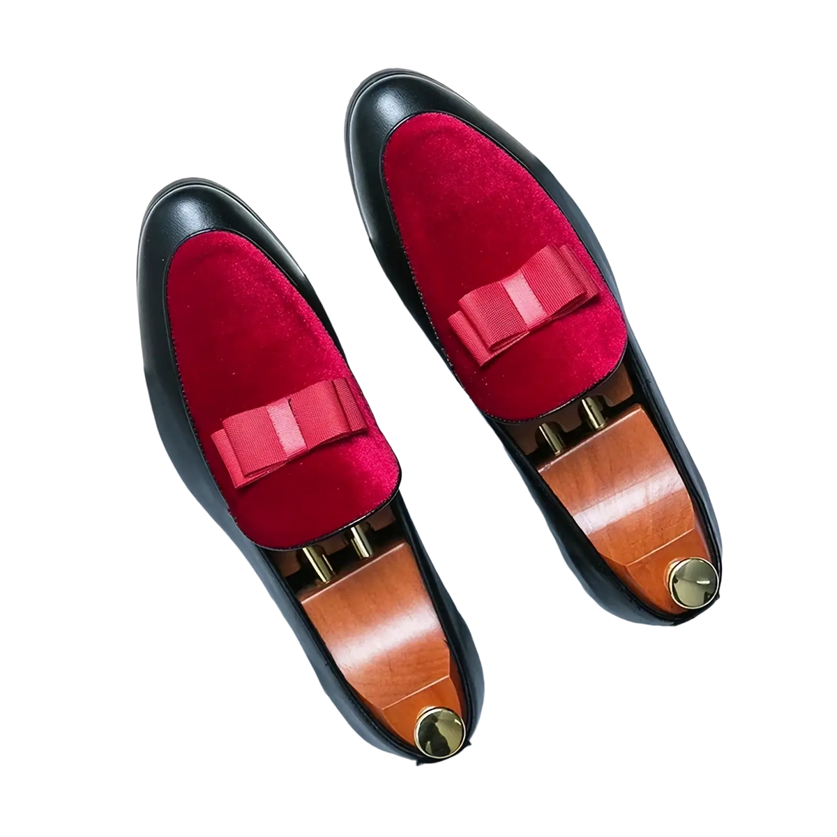 Men velvet dress loafers featuring red velvet bow tie, black leather uppers, and gold tone metal accents for formal wear