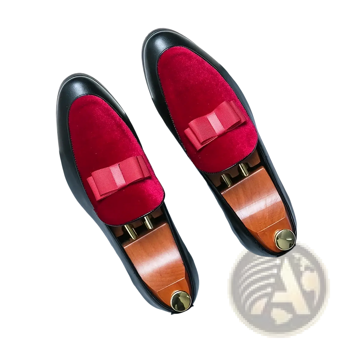 Men velvet dress loafers featuring red velvet bow tie, black leather uppers, and gold tone metal accents for formal wear