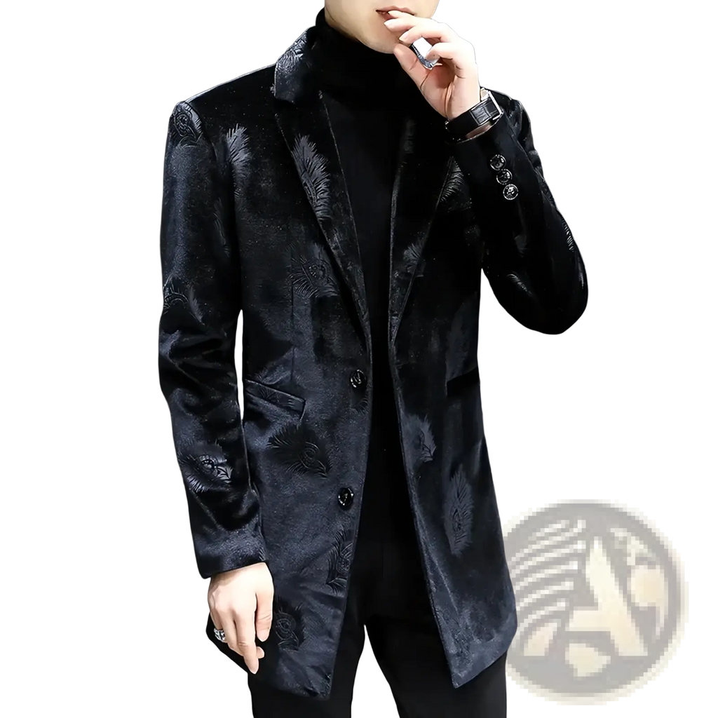 Black velvet trench coat slim winter jacket featuring subtle embroidered feather pattern for men