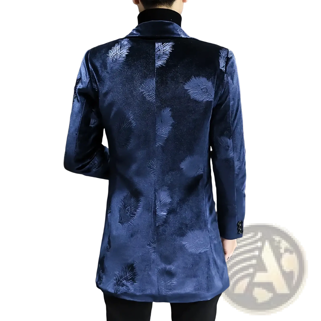 Men velvet trench coat slim winter jacket in navy blue velvet with an elegant feather pattern design
