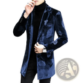Navy blue velvet slim winter trench coat with subtle floral pattern designed as a men velvet jacket