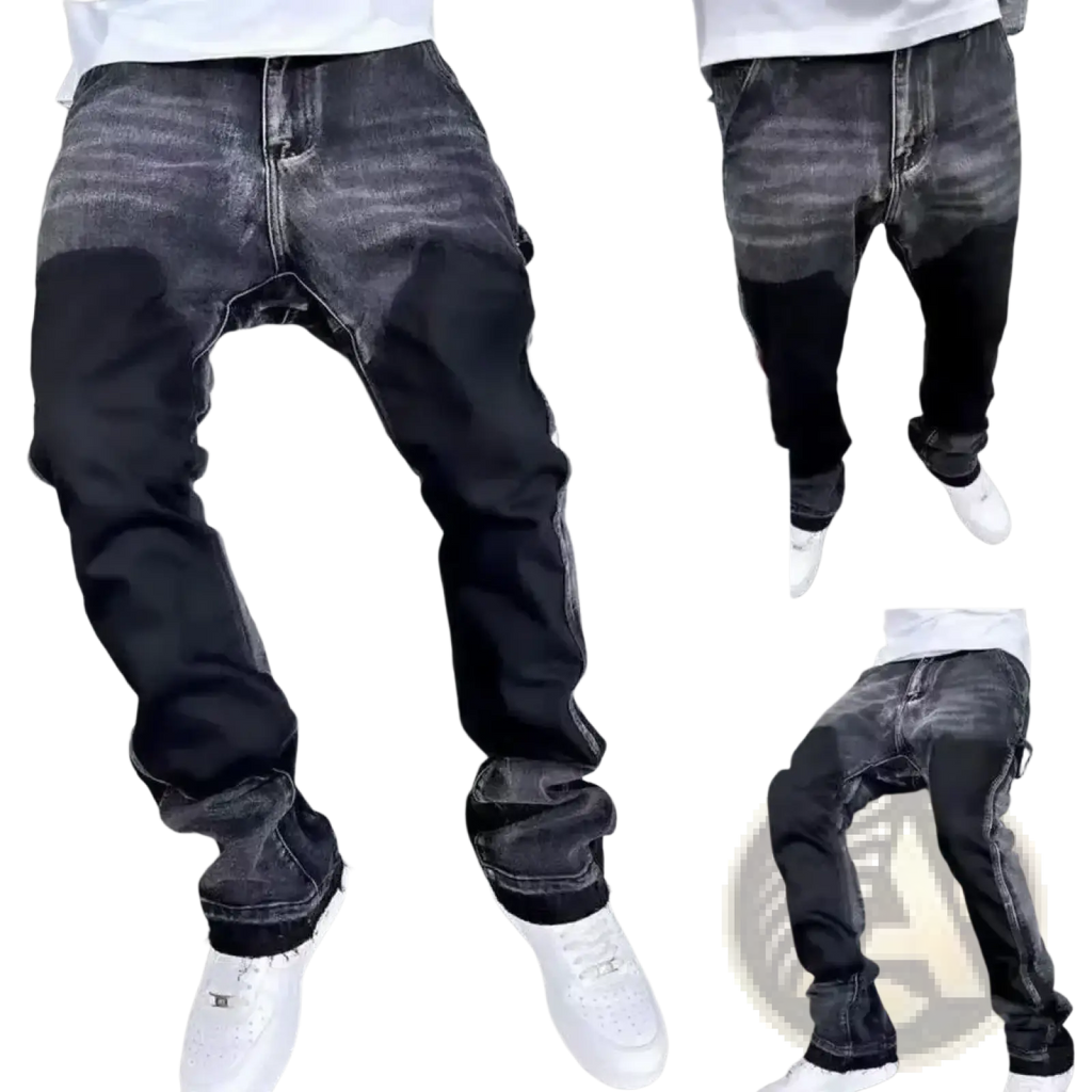 Men vintage bell bottom jeans in dark-wash distressed denim with faded look and frayed cuffs for casual wear