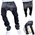 Men vintage bell bottom jeans in dark-wash distressed denim with faded look and frayed cuffs for casual wear