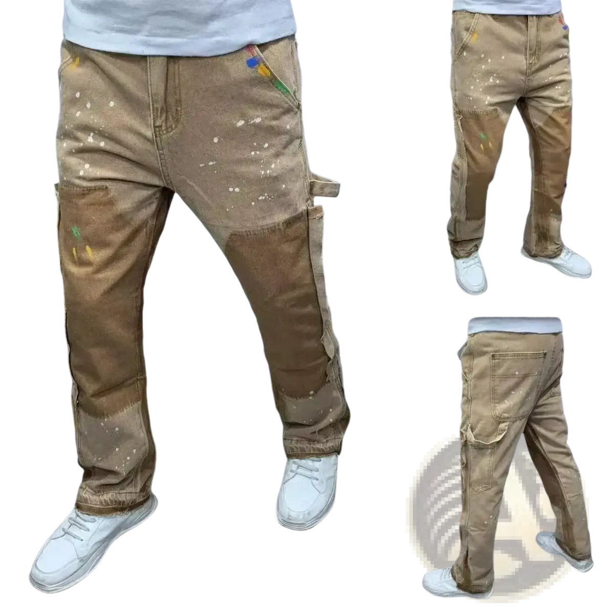 Men vintage bell bottom jeans beige distressed denim cargo pants with paint splatter accents and reinforced patchwork