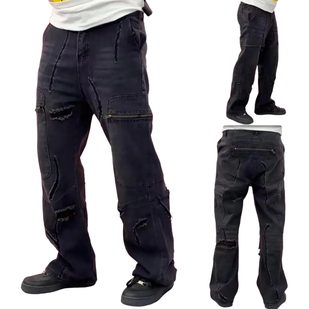 Men vintage bell bottom jeans distressed black denim cargo pants with multiple pockets and zipper details