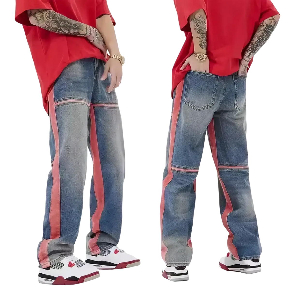 Men vintage bell distressed denim cargo pants in blue with bold pink side stripes and faded vintage bell style