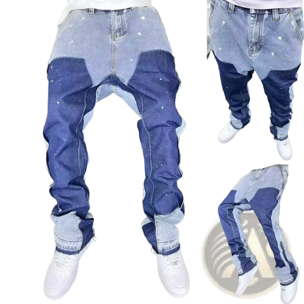 Men vintage bell bottom jeans in blue patchwork denim with contrasting indigo shades and white paint splatter accents