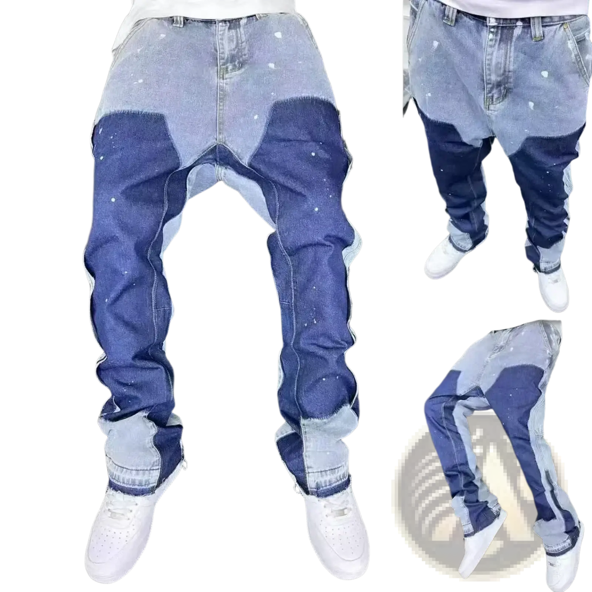 Men vintage bell bottom jeans in blue patchwork denim with contrasting indigo shades and white paint splatter accents