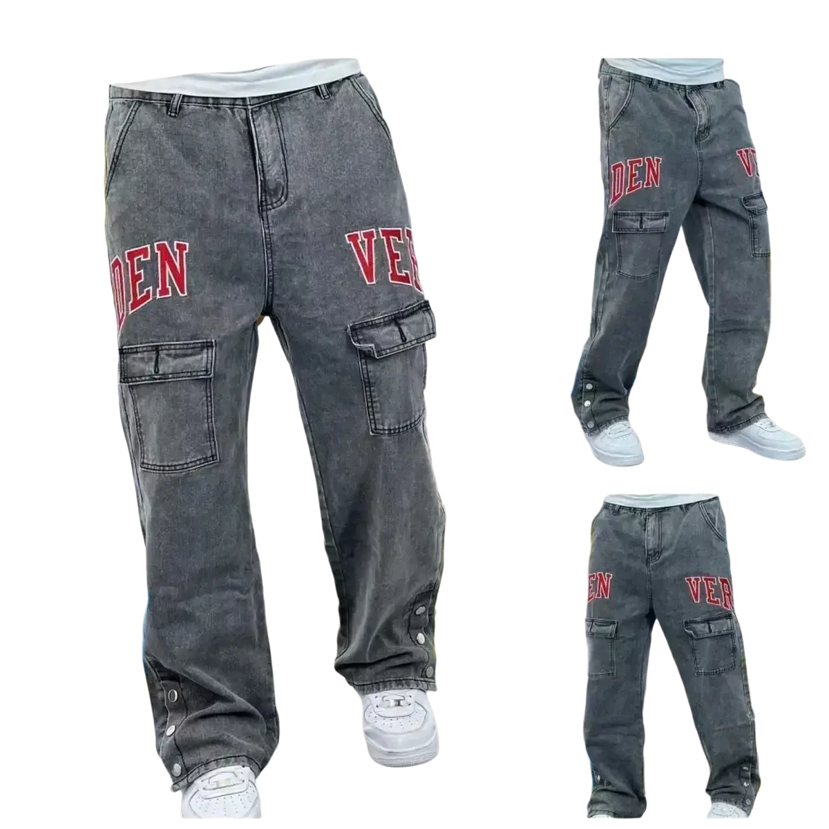 Men vintage bell bottom jeans in dark gray distressed denim with bold red ven lettering and large cargo pockets