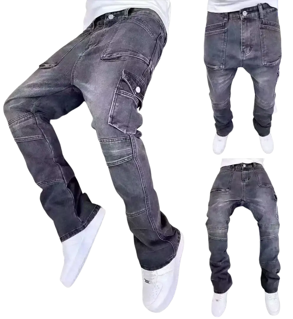 Men vintage bell bottom jeans dark gray denim cargo pants with multiple pockets and reinforced stitching