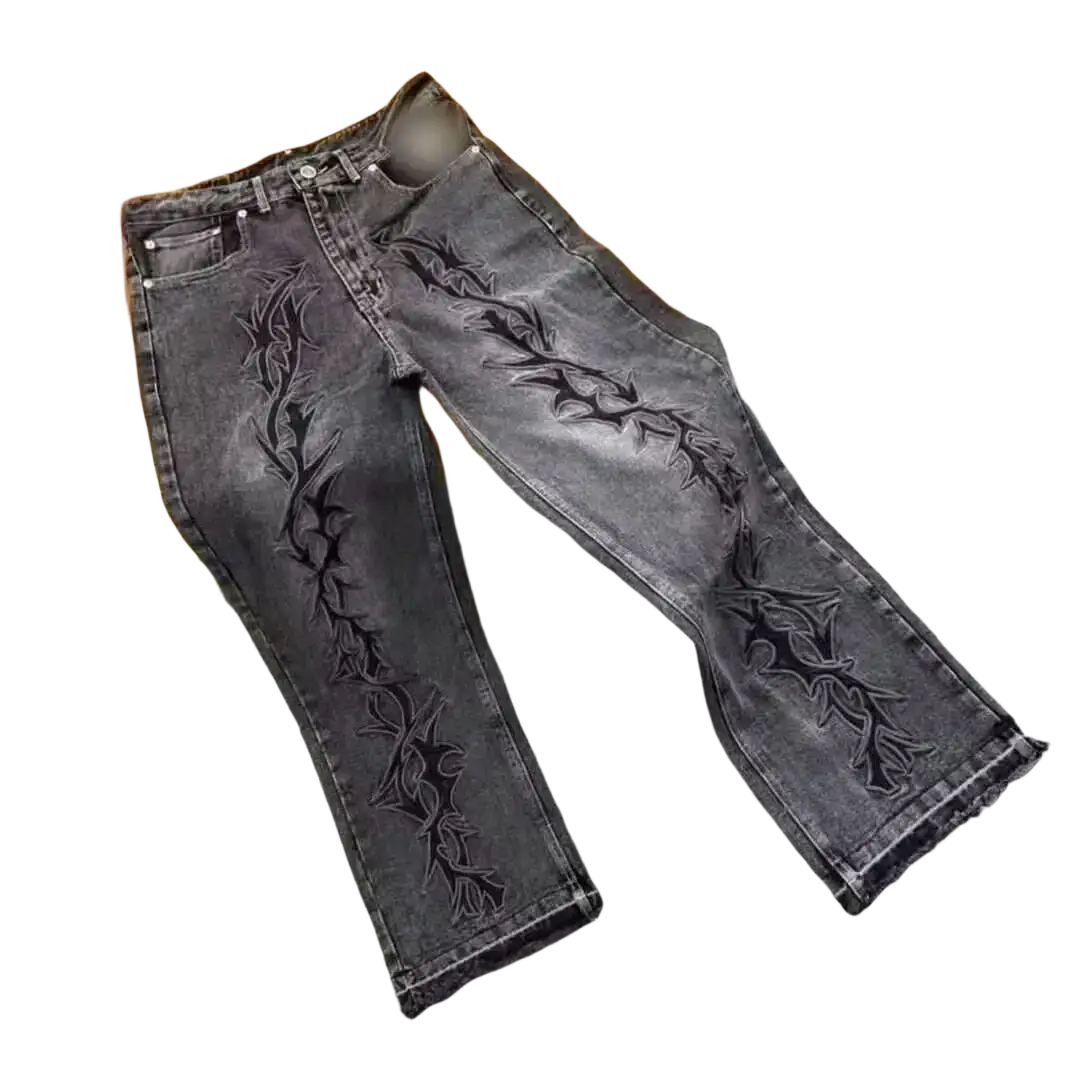 Men vintage bell bottom jeans in dark gray denim with black thorn vine embroidery on the outer leg