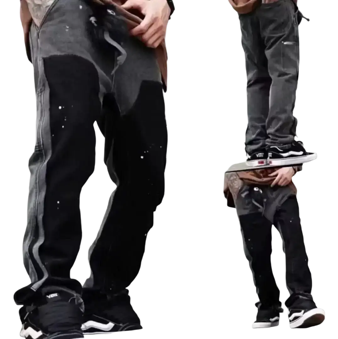Men vintage bell distressed denim cargo pants in dark gray and black with paint splatter details