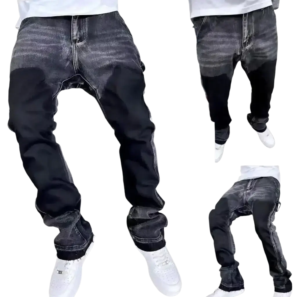 Men vintage bell bottom jeans in dark-wash distressed denim with faded look and frayed cuffs for casual wear