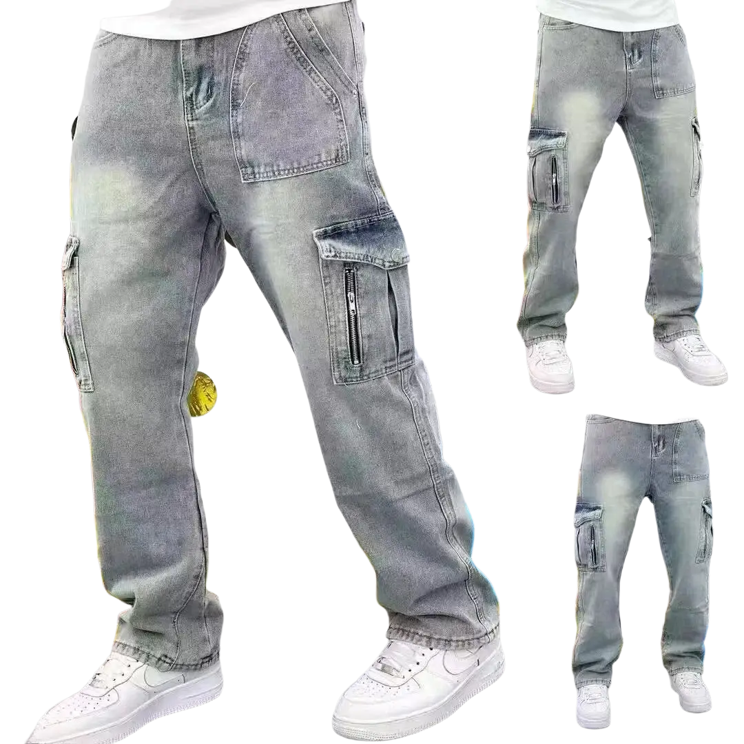 Men vintage bell bottom jeans light gray distressed denim cargo pants with multiple pockets and relaxed fit