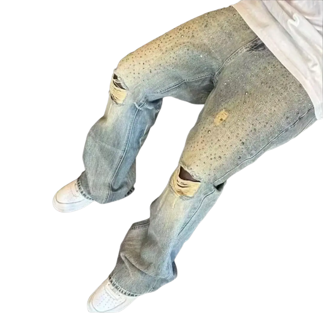 Men vintage bell bottom jeans light-wash distressed denim with ripped knees and metallic studs for casual wear