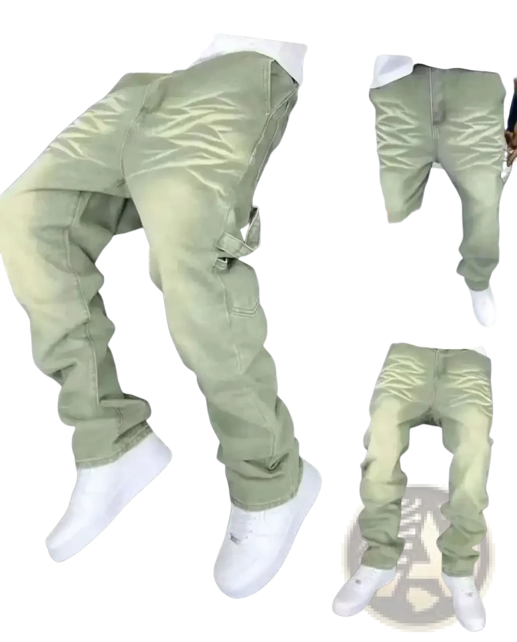 Men vintage bell bottom jeans distressed denim olive green cargo pants with relaxed fit and visible side pockets
