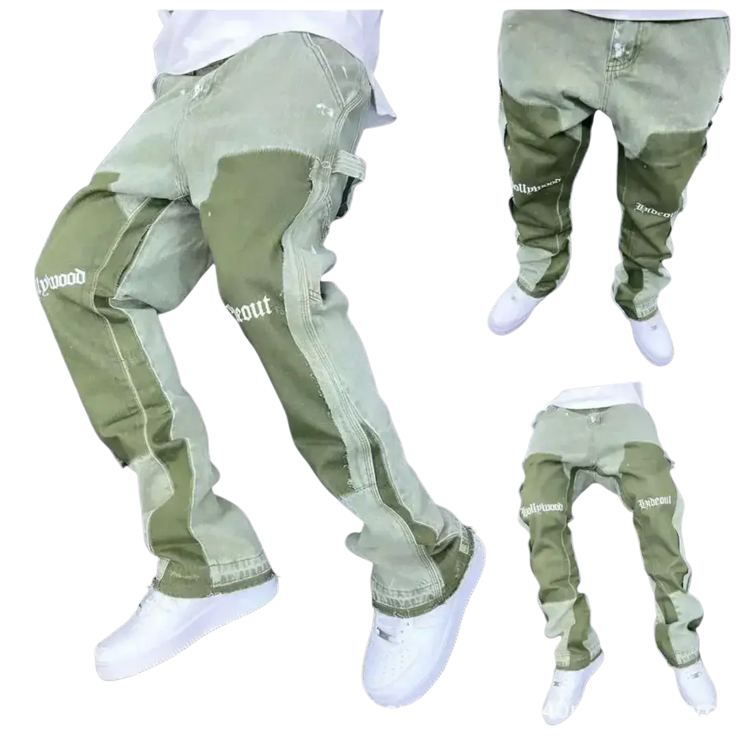 Men vintage bell bottom olive green cargo pants with white stitching patchwork hollywood lettering and king of diamonds graphic