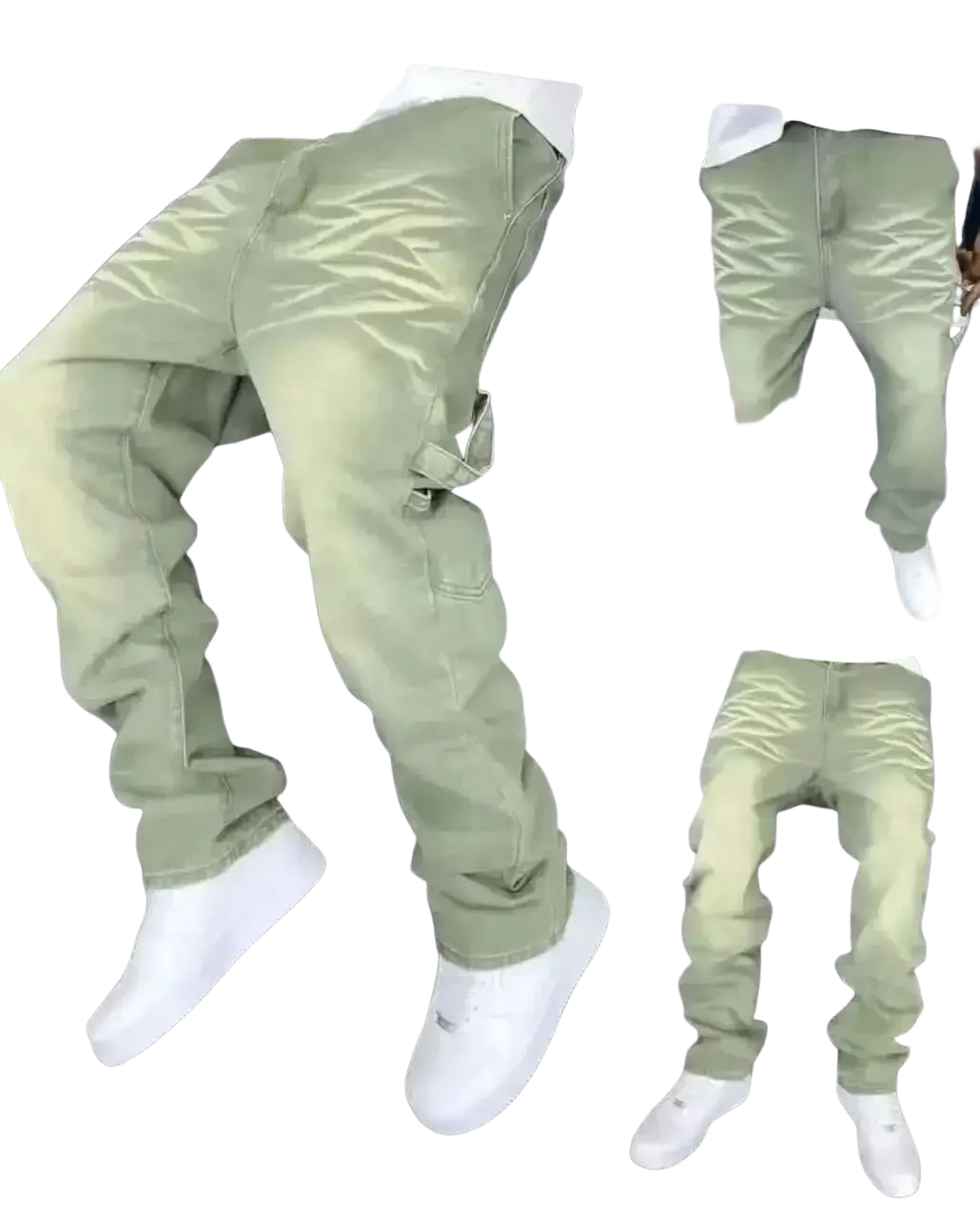 Men vintage bell olive green cargo pants with multiple pockets and relaxed fit in distressed denim material