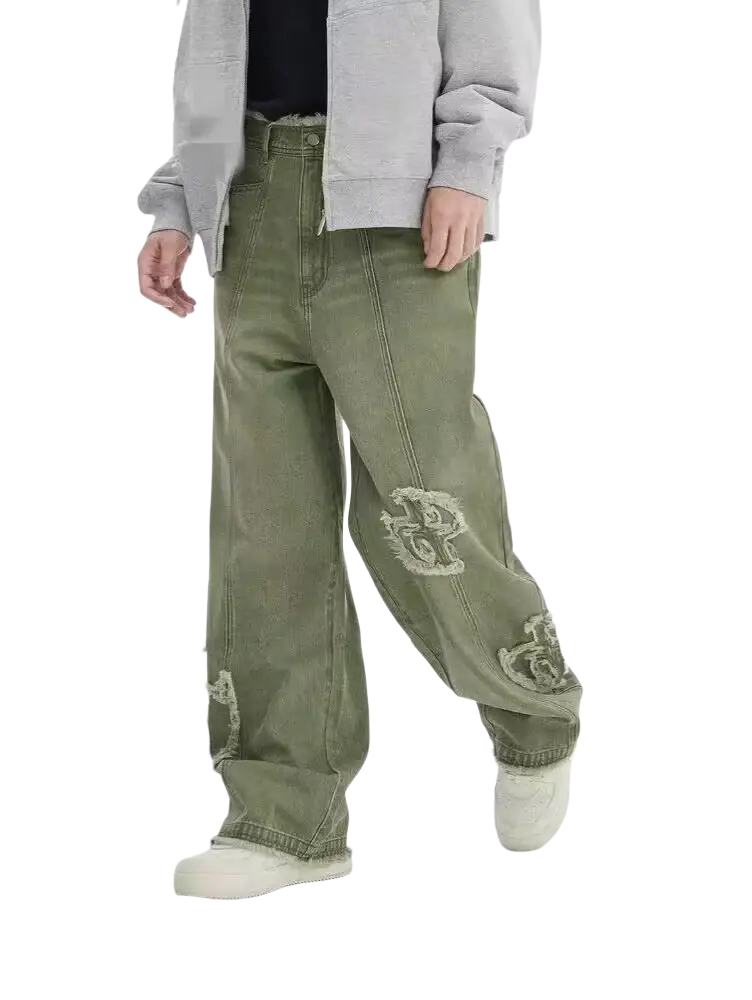 Men vintage bell bottom olive green distressed denim cargo pants with embroidered patches on the legs