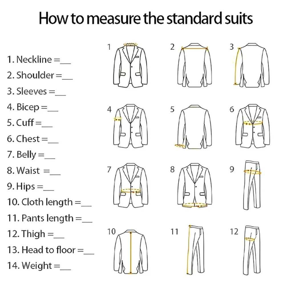 Illustrated guide to measuring a men vintage brown herringbone wedding suit 2 piece set with yellow lines on key points