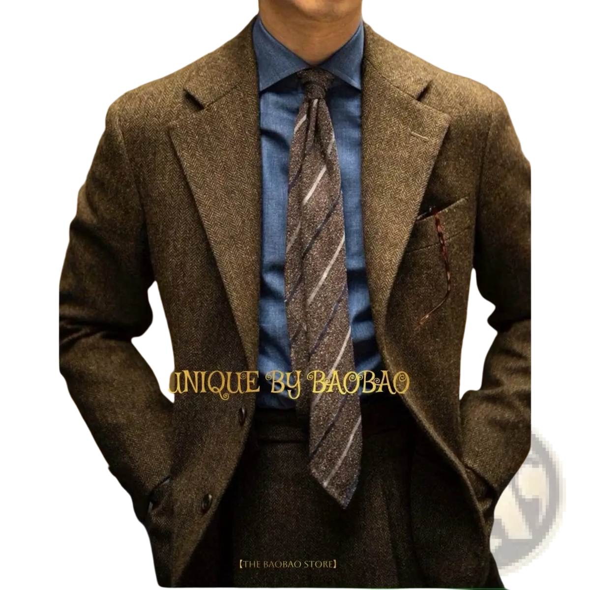 Men vintage brown herringbone wool blazer with notched lapels and single-breasted design for wedding suit set