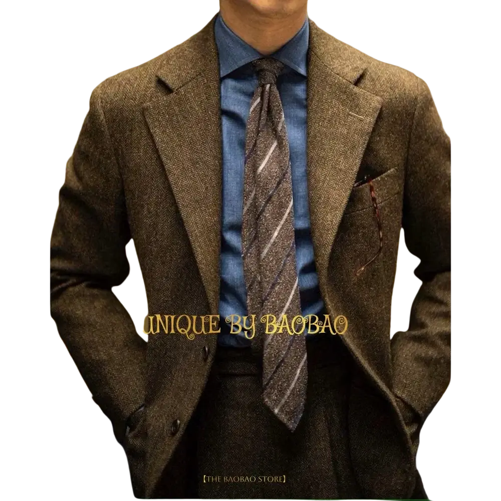 Men vintage brown herringbone wool blazer with notched lapels and single-breasted design for wedding suit set