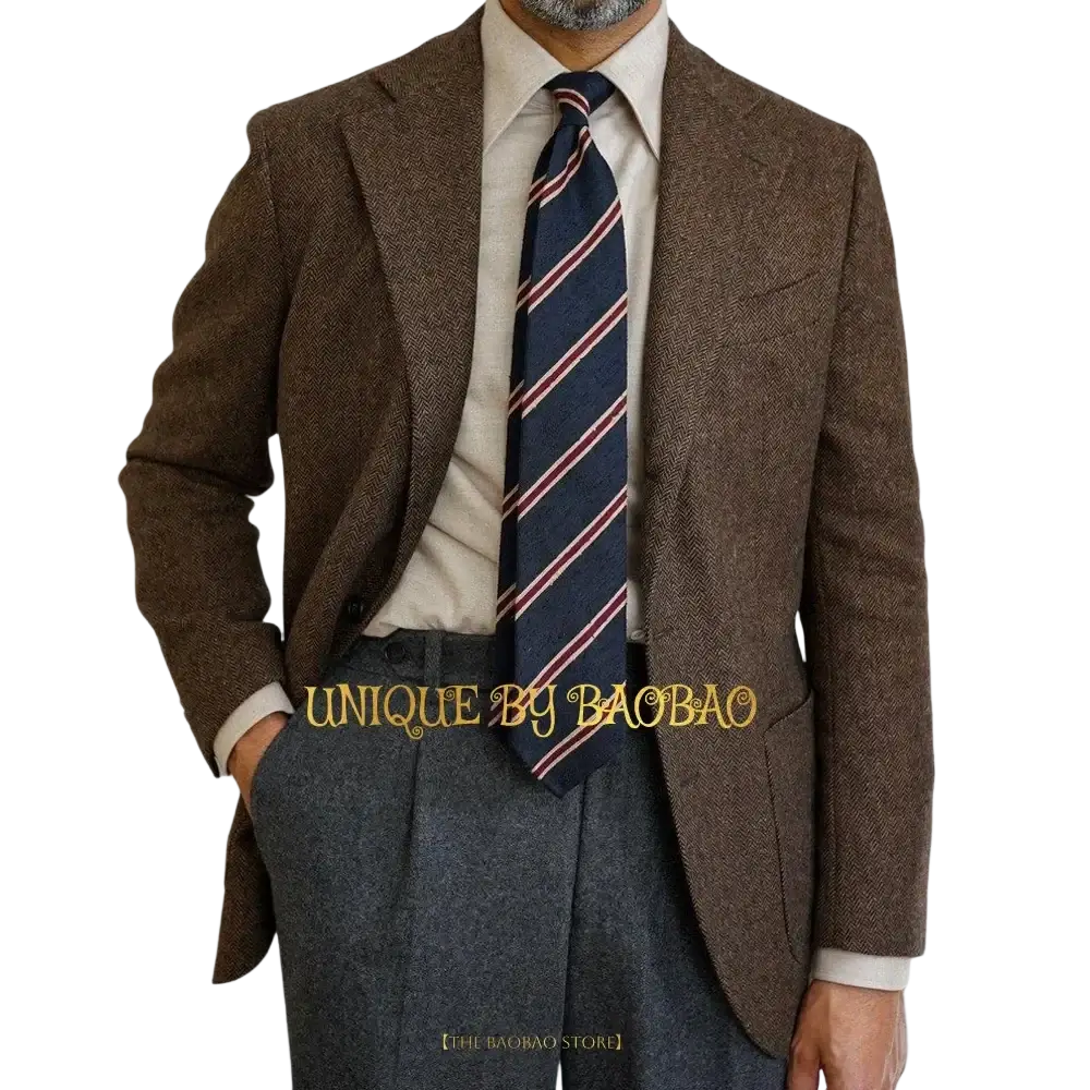 Men vintage brown herringbone wool blazer with notched lapels and single-breasted design for wedding suit set