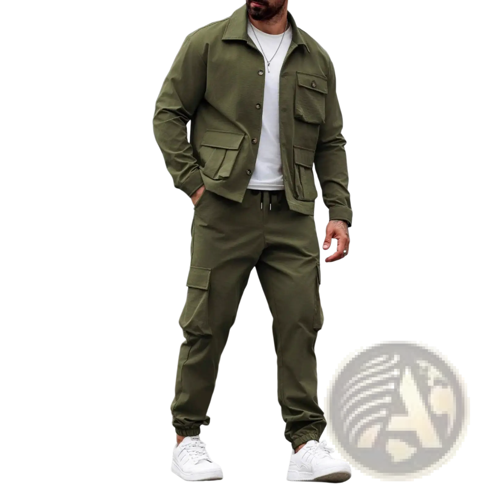 Men vintage cargo jacket in olive green featuring multiple flap pockets and button closures for utility style