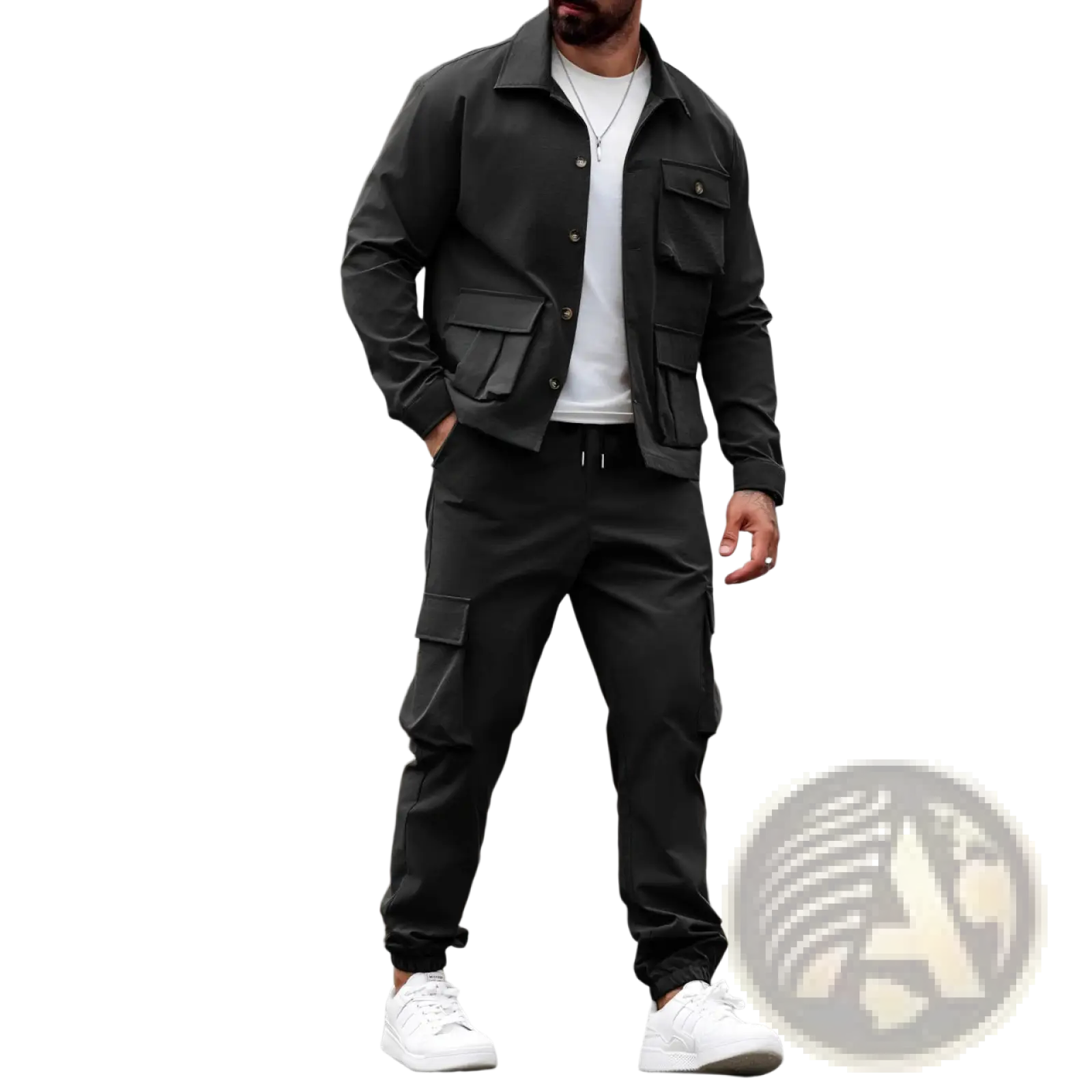Men vintage cargo jacket black utility design with multiple button pockets for versatile outdoor use