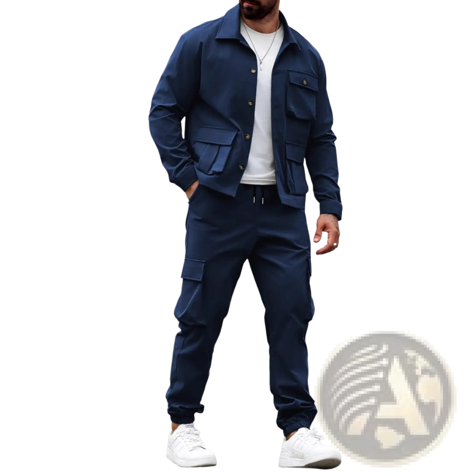 Navy blue men vintage cargo jacket with multiple flap pockets and button closures in utility design