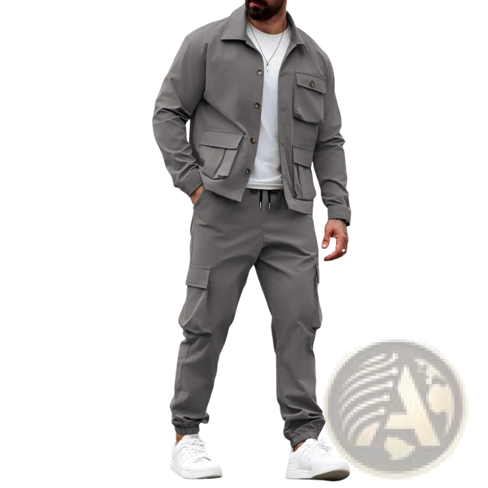 Men vintage cargo jacket featuring multiple flap pockets and button closures in gray utility fabric