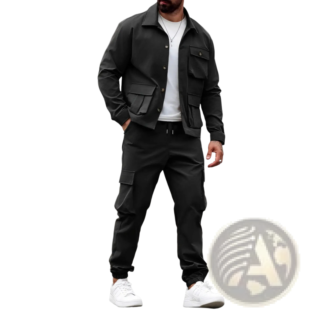 Men vintage cargo black utility jacket featuring multiple pockets and button closures for practical use