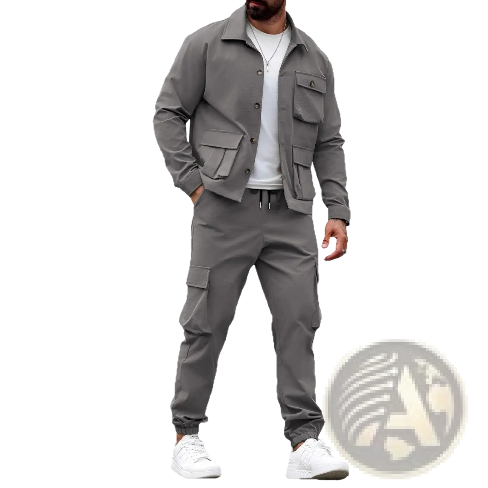 Gray vintage men cargo two-piece suit with multi-pocket button-up jacket and matching utility-style cargo pants
