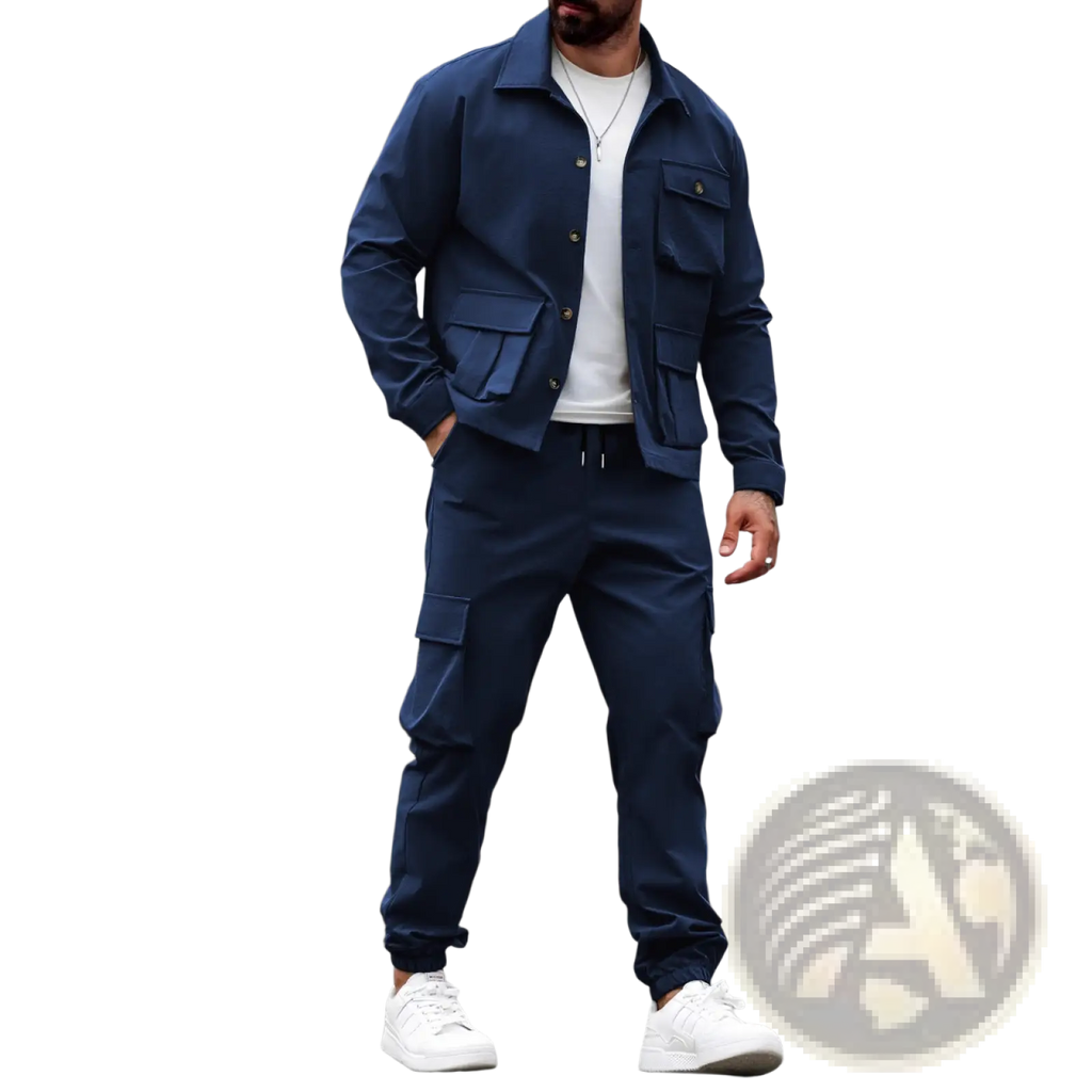 Navy blue vintage men cargo jacket with multiple flap pockets and button closures made from durable fabric